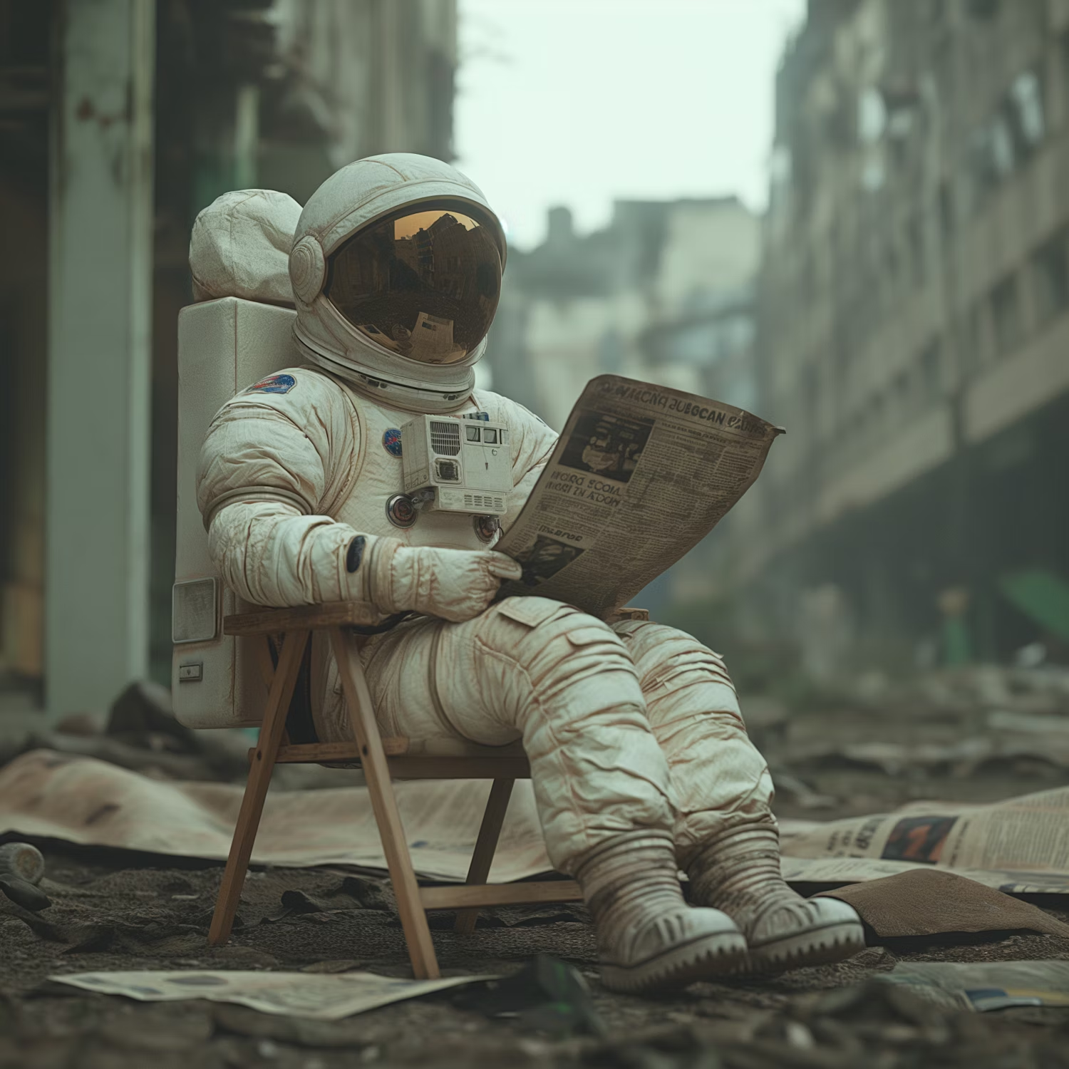 An astronaut reading a news paper